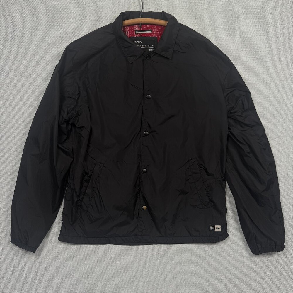 RVCA Coaches Jacket Red Bandana Lining Snap Button Front Black Nylon Size S